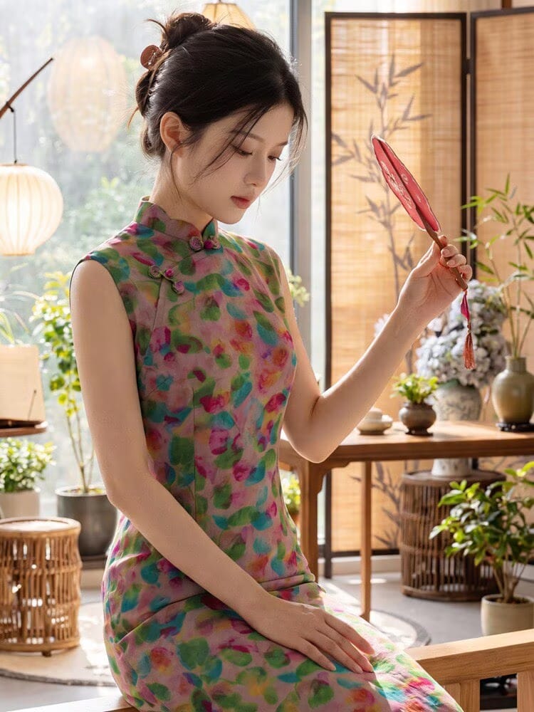 Beth and Brian Qipao-YG Sophia's Sleeveless Colorful Abstract Print Cheongsam