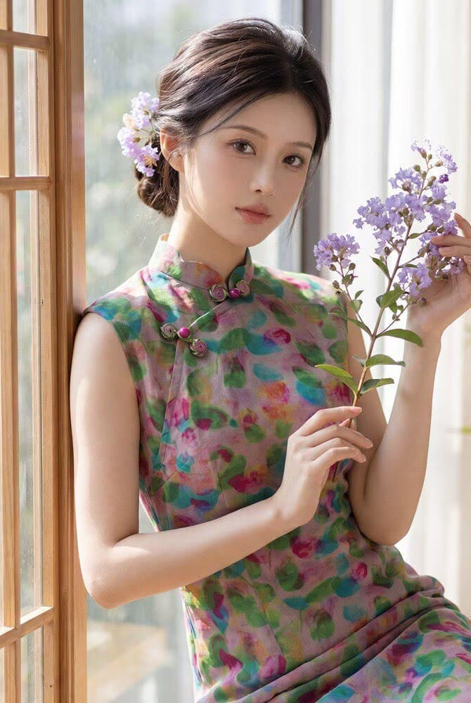 Beth and Brian Qipao-YG Sophia's Sleeveless Colorful Abstract Print Cheongsam