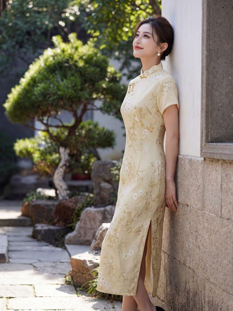 Beth and Brian Qipao-YG Chloe's Floral Ramie Fabric Mid-Length Cheongsam