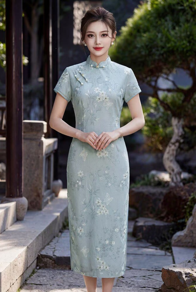 Beth and Brian Qipao-YG Chloe's Floral Ramie Fabric Mid-Length Cheongsam