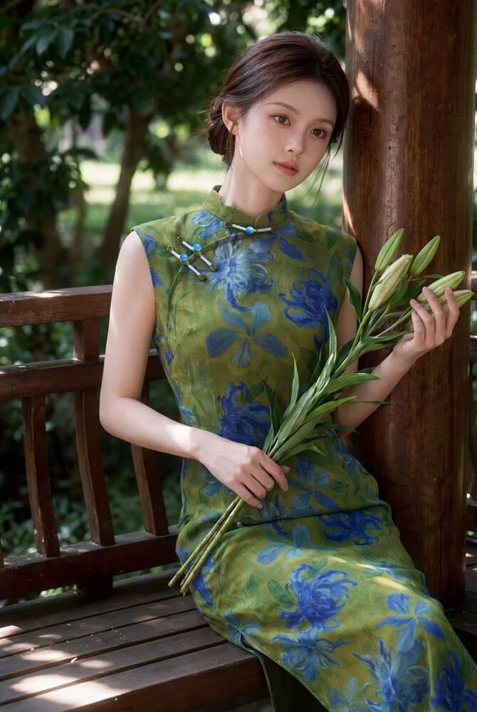 Beth and Brian Qipao-YG Sleeveless, mesh fabric, green midi Cheongsam