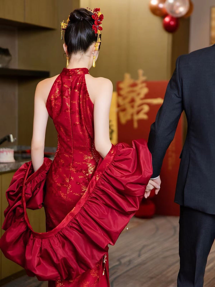 Beth and Brian Qipao-YY Chloe Red Wedding Cheongsam with loose puff sleeve shawl