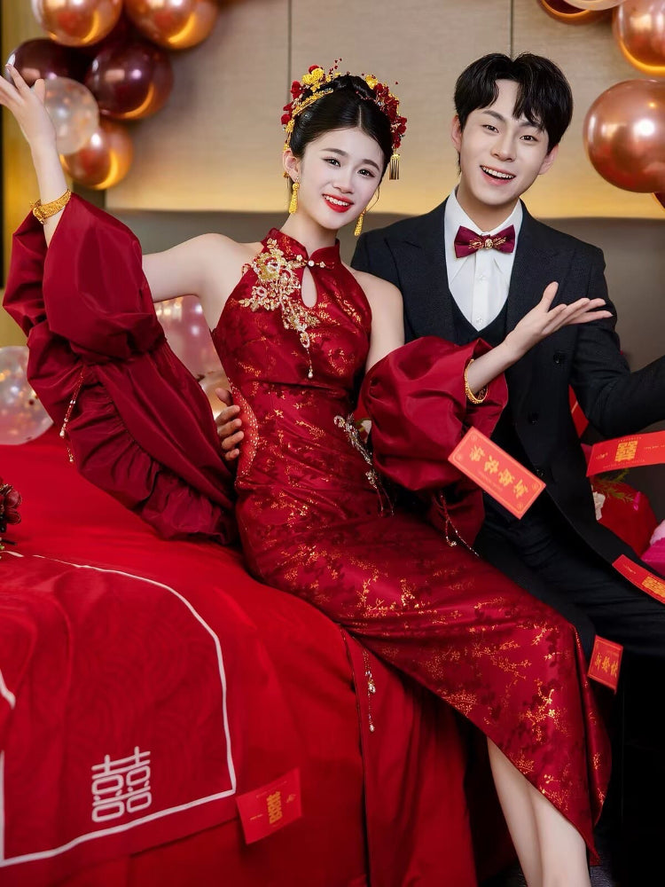 Beth and Brian Qipao-YY Chloe Red Wedding Cheongsam with loose puff sleeve shawl