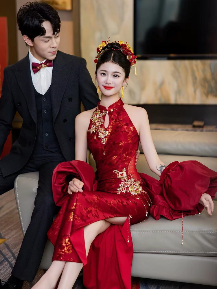Beth and Brian Qipao-YY Chloe Red Wedding Cheongsam with loose puff sleeve shawl