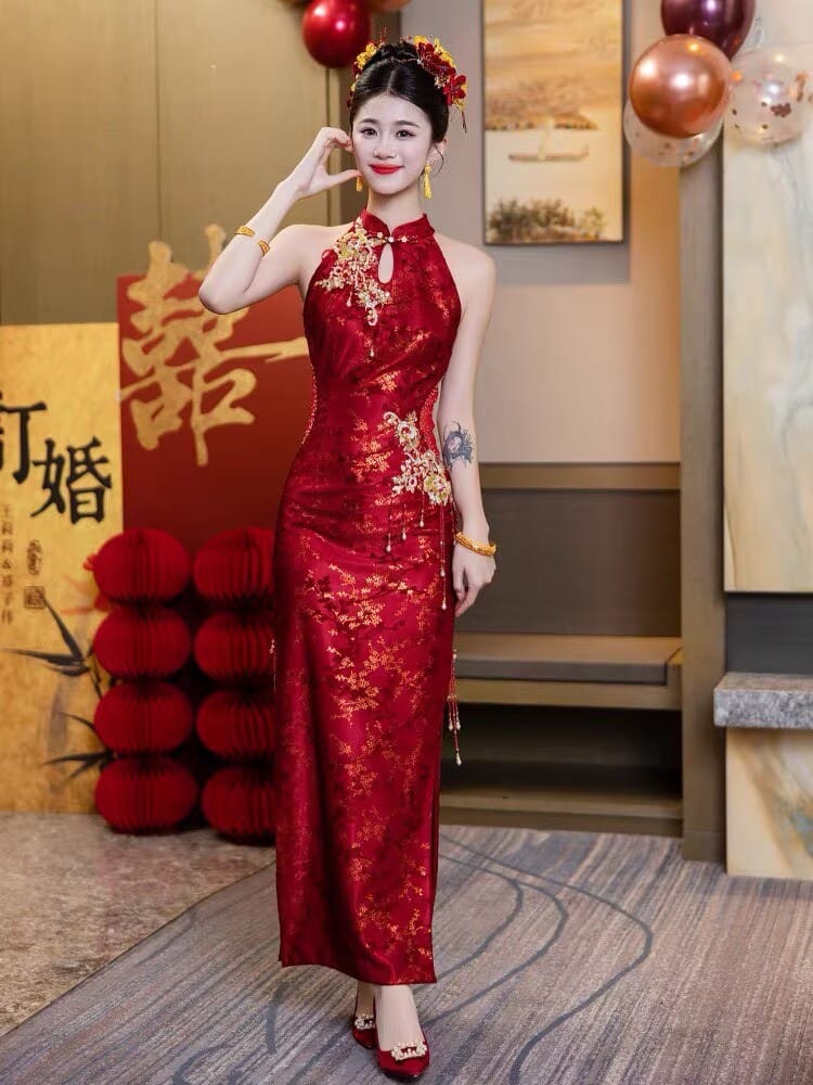 Beth and Brian Qipao-YY Chloe Red Wedding Cheongsam with loose puff sleeve shawl