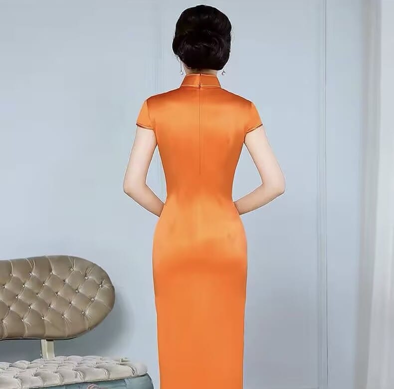 Beth and Brian Qipao-JSHY Luxury 30 Momme Natural Orange Peony Embroidery Silk Cheongsam