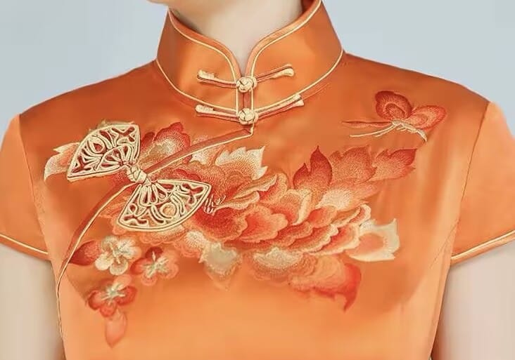 Beth and Brian Qipao-JSHY Luxury 30 Momme Natural Orange Peony Embroidery Silk Cheongsam