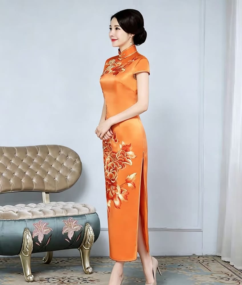 Beth and Brian Qipao-JSHY Luxury 30 Momme Natural Orange Peony Embroidery Silk Cheongsam