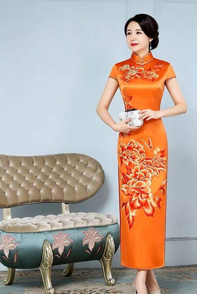 Beth and Brian Qipao-JSHY Luxury 30 Momme Natural Orange Peony Embroidery Silk Cheongsam