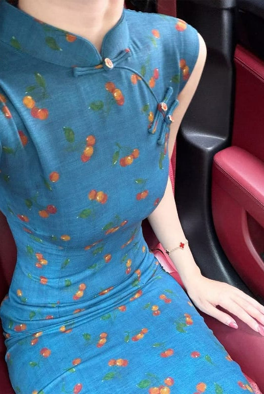 Beth and Brian Qipao-LSB Luna Cherry Print Sleeveless Blue Midi Cheongsam