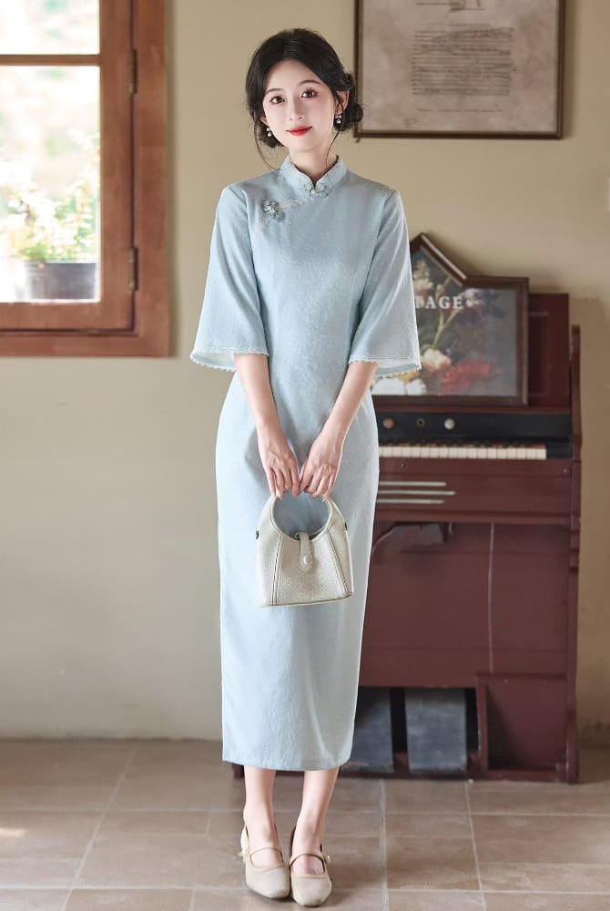 Beth and Brian Qipao-LSB Sophia Subtle Leaf Jacquard Midi Cheongsam With Three-Quarter Sleeves