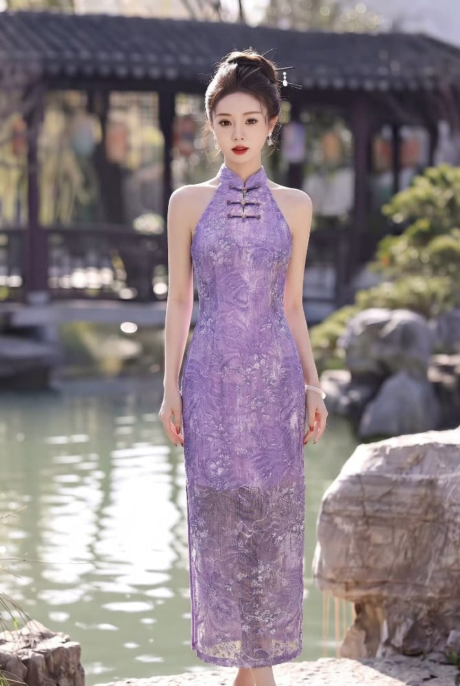 Beth and Brian Qipao-WS Iris Purple Floral Jacquard Cotton Halter Cheongsam