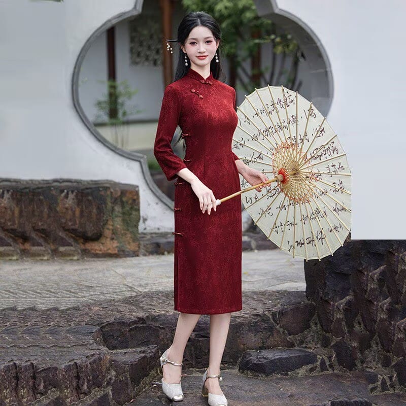 Beth and Brian Qipao-SMQ Clara Bamboo Floral Knitting Jacquard Midi Cheongsam