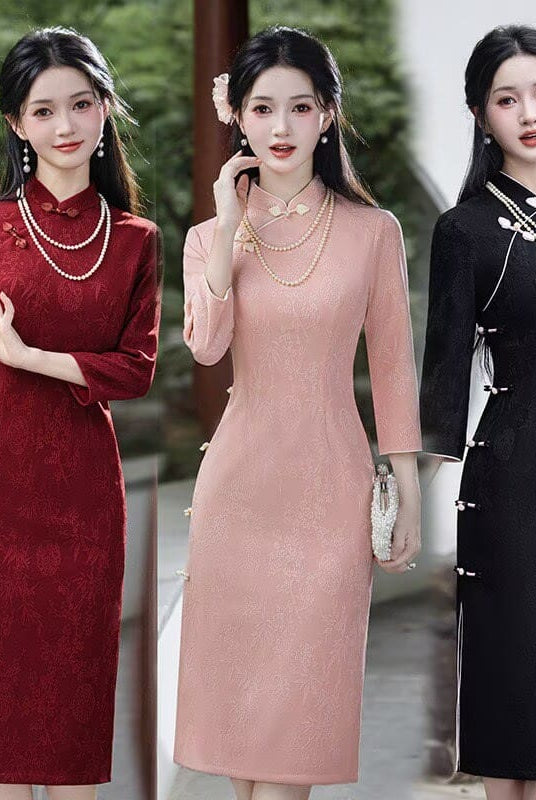 Beth and Brian Qipao-SMQ Clara Bamboo Floral Knitting Jacquard Midi Cheongsam