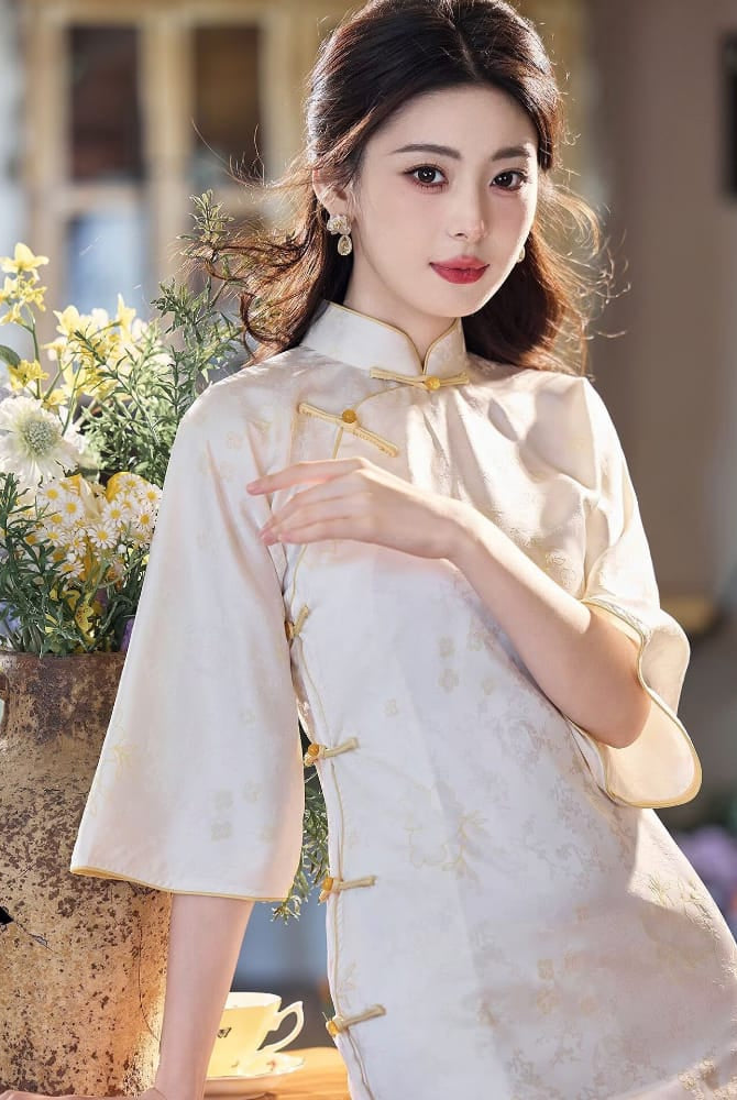 Beth and Brian Qipao-LSB Hazel Subtle Floral Jacquard Midi Cheongsam