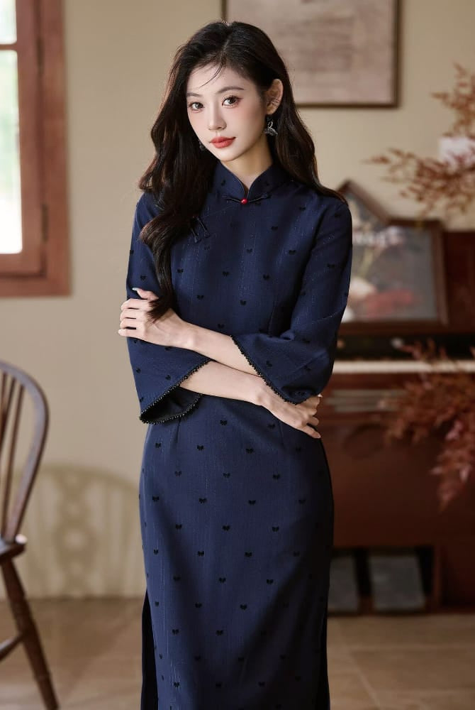 Beth and Brian Qipao-LSB Mia Small Bow Flocking Cheongsam With Three-Quarter Sleeves