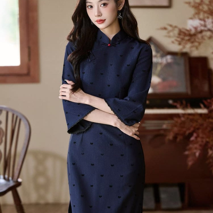Beth and Brian Qipao-LSB Mia Small Bow Flocking Cheongsam With Three-Quarter Sleeves