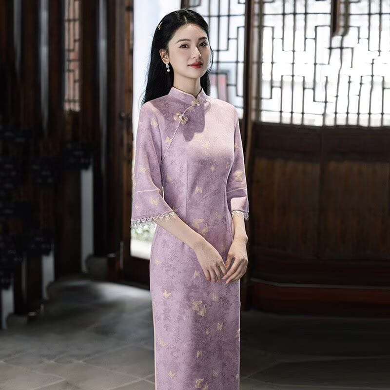 Beth and Brian Qipao-SMQ Sophia Butterfly Jacquard Suede Midi Cheongsam
