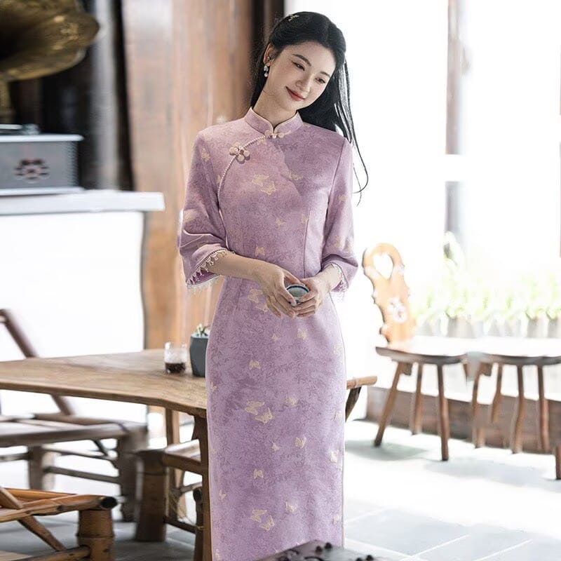 Beth and Brian Qipao-SMQ Sophia Butterfly Jacquard Suede Midi Cheongsam