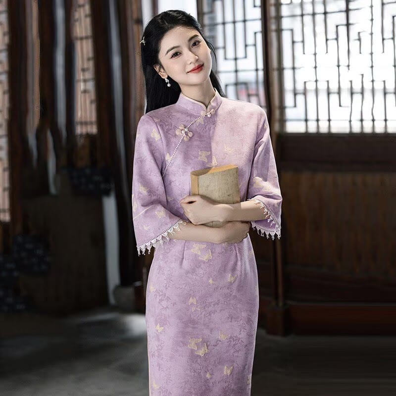 Beth and Brian Qipao-SMQ Sophia Butterfly Jacquard Suede Midi Cheongsam