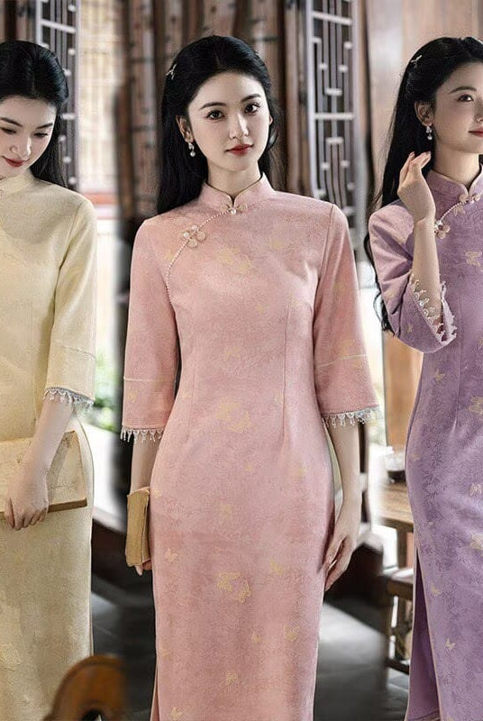 Beth and Brian Qipao-SMQ Sophia Butterfly Jacquard Suede Midi Cheongsam