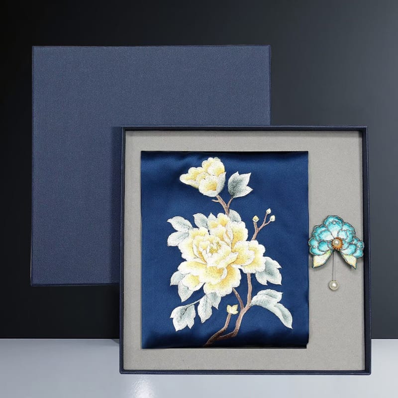 Beth and Brian Qipao-TX Chloe Peony Embroidery 16 Momme Mulberry Silk Scarf & Brooch Gift Set