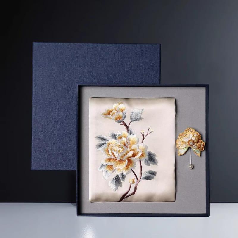 Beth and Brian Qipao-TX Chloe Peony Embroidery 16 Momme Mulberry Silk Scarf & Brooch Gift Set