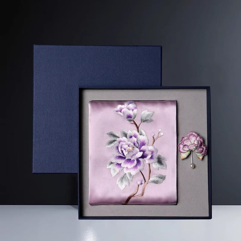 Beth and Brian Qipao-TX Chloe Peony Embroidery 16 Momme Mulberry Silk Scarf & Brooch Gift Set