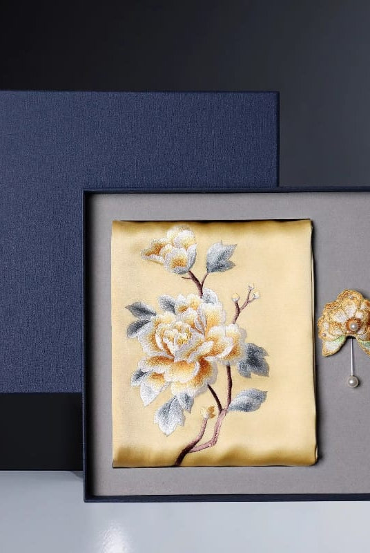 Beth and Brian Qipao-TX Chloe Peony Embroidery 16 Momme Mulberry Silk Scarf & Brooch Gift Set