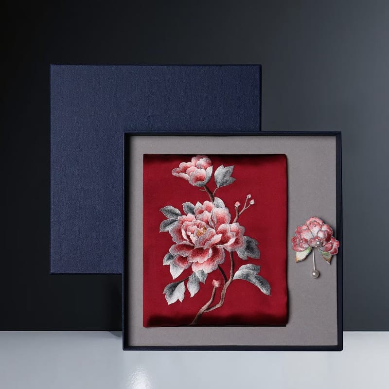 Beth and Brian Qipao-TX Chloe Peony Embroidery 16 Momme Mulberry Silk Scarf & Brooch Gift Set