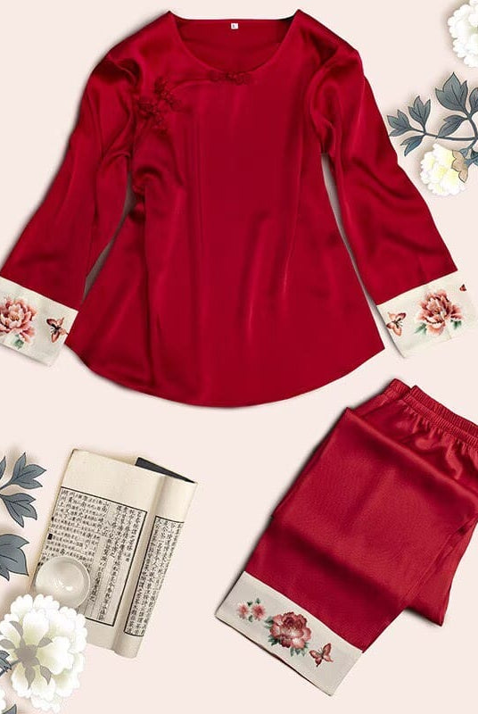 Beth and Brian Qipao-TX Peony Embroidery Chinese Style Satin Pajama Set