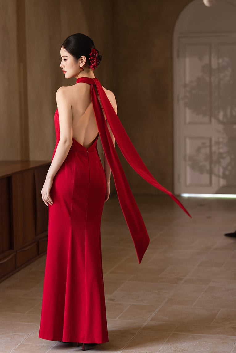 Beth and Brian Qipao - YB Exclusive Designer Collection | Halter Mermaid Satin Cheongsam Gown with Ribbons