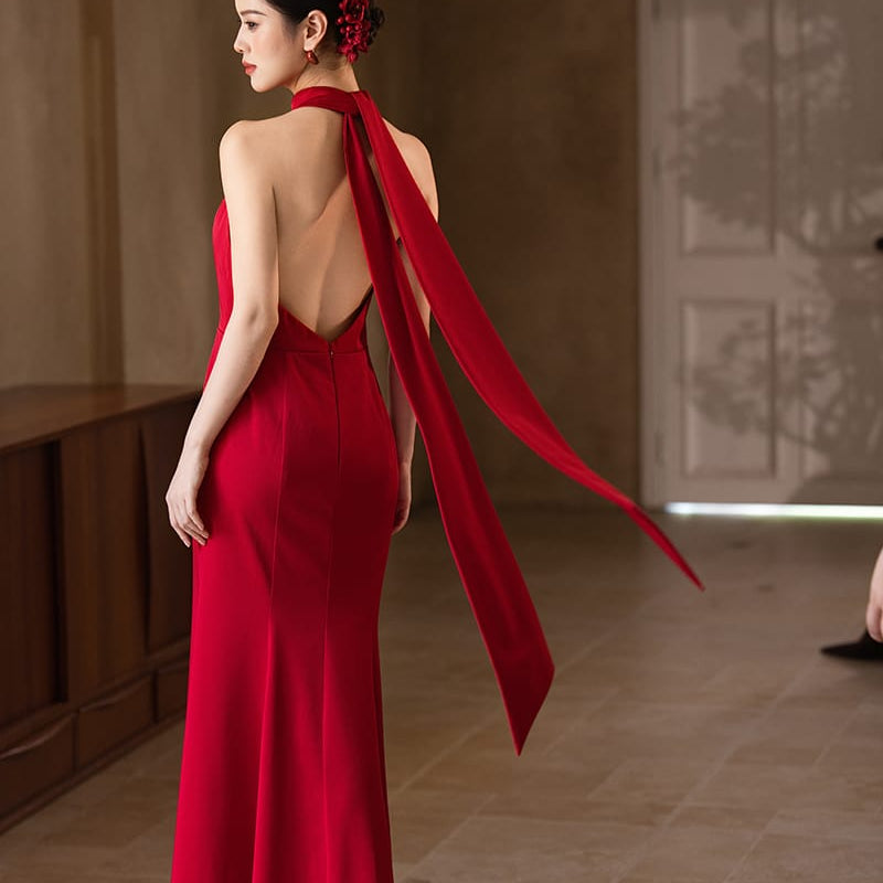Beth and Brian Qipao - YB Exclusive Designer Collection | Halter Mermaid Satin Cheongsam Gown with Ribbons