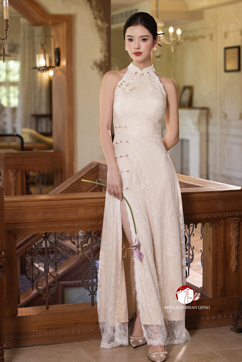 Beth and Brian Qipao-Exclusivedesigner Exclusive Designer Collection | Halter Lace A-line Cheongsam Maxi Gown
