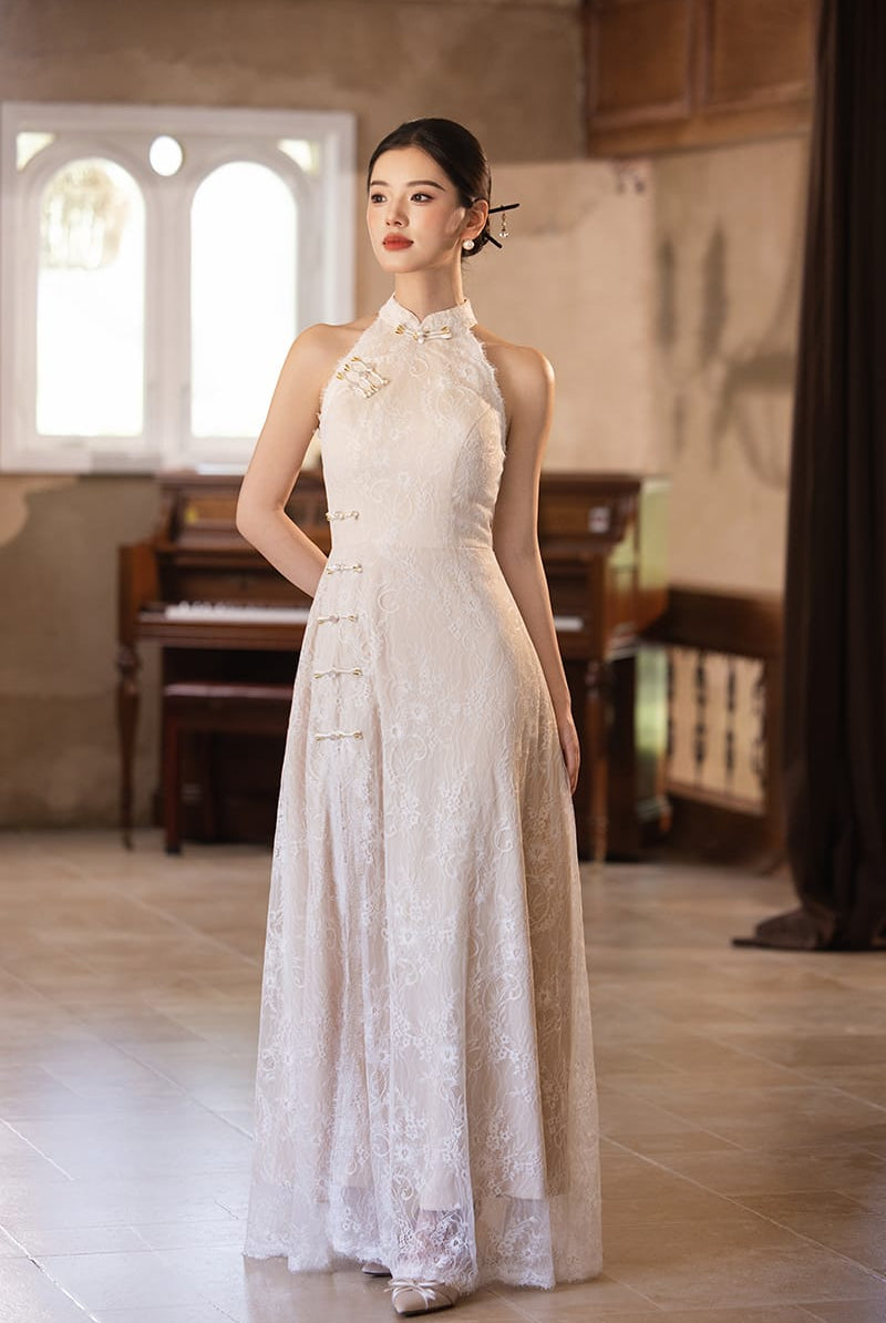 Beth and Brian Qipao-Exclusivedesigner Exclusive Designer Collection | Halter Lace A-line Cheongsam Maxi Gown