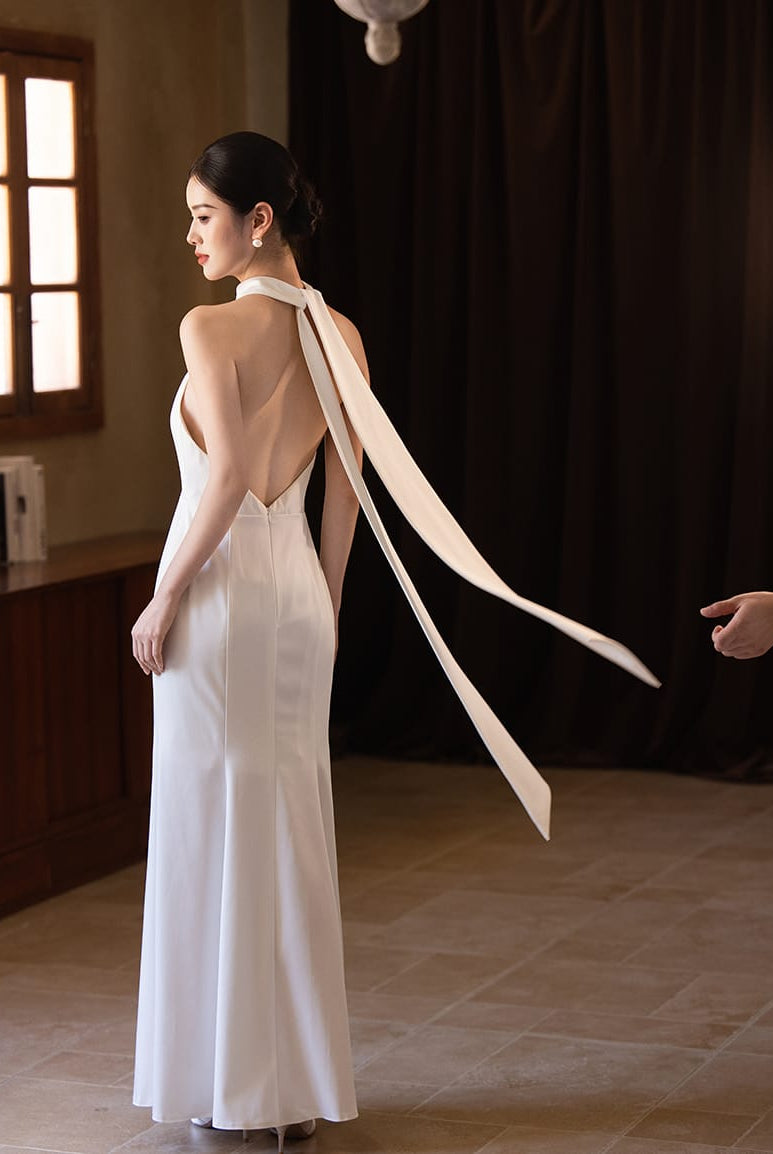 Beth and Brian Qipao-Exclusivedesigner Exclusive Designer Collection | Halter Mermaid Satin Cheongsam Gown with Ribbons