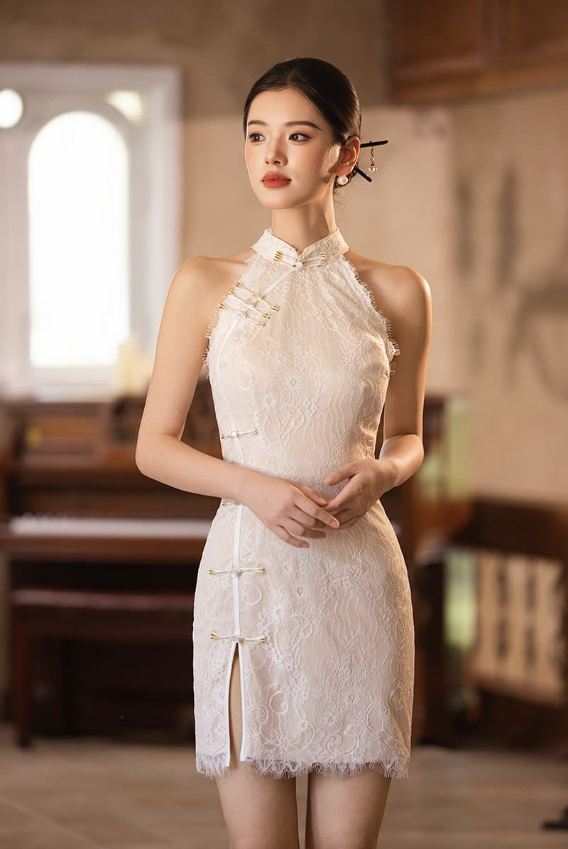 Beth and Brian Qipao-Exclusivedesigner Exclusive Designer Collection | Halter Lace Mini Cheongsam