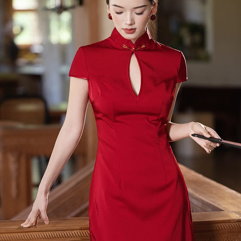 Beth and Brian Qipao-Exclusivedesigner Exclusive Designer Collection | Water Drop Collar Satin Mini Cheongsam