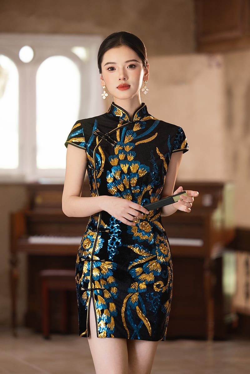 Beth and Brian Qipao-Exclusivedesigner Exclusive Designer Collection | Black and Blue Sequins Mini Qipao