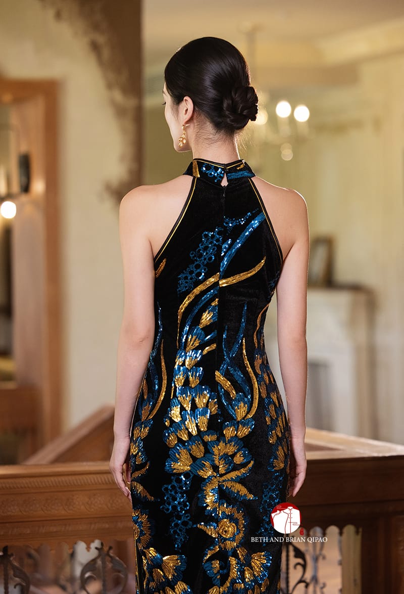 Beth and Brian Qipao-Exclusivedesigner Exclusive designer collection | Black and Blue Sequins Long Qipao