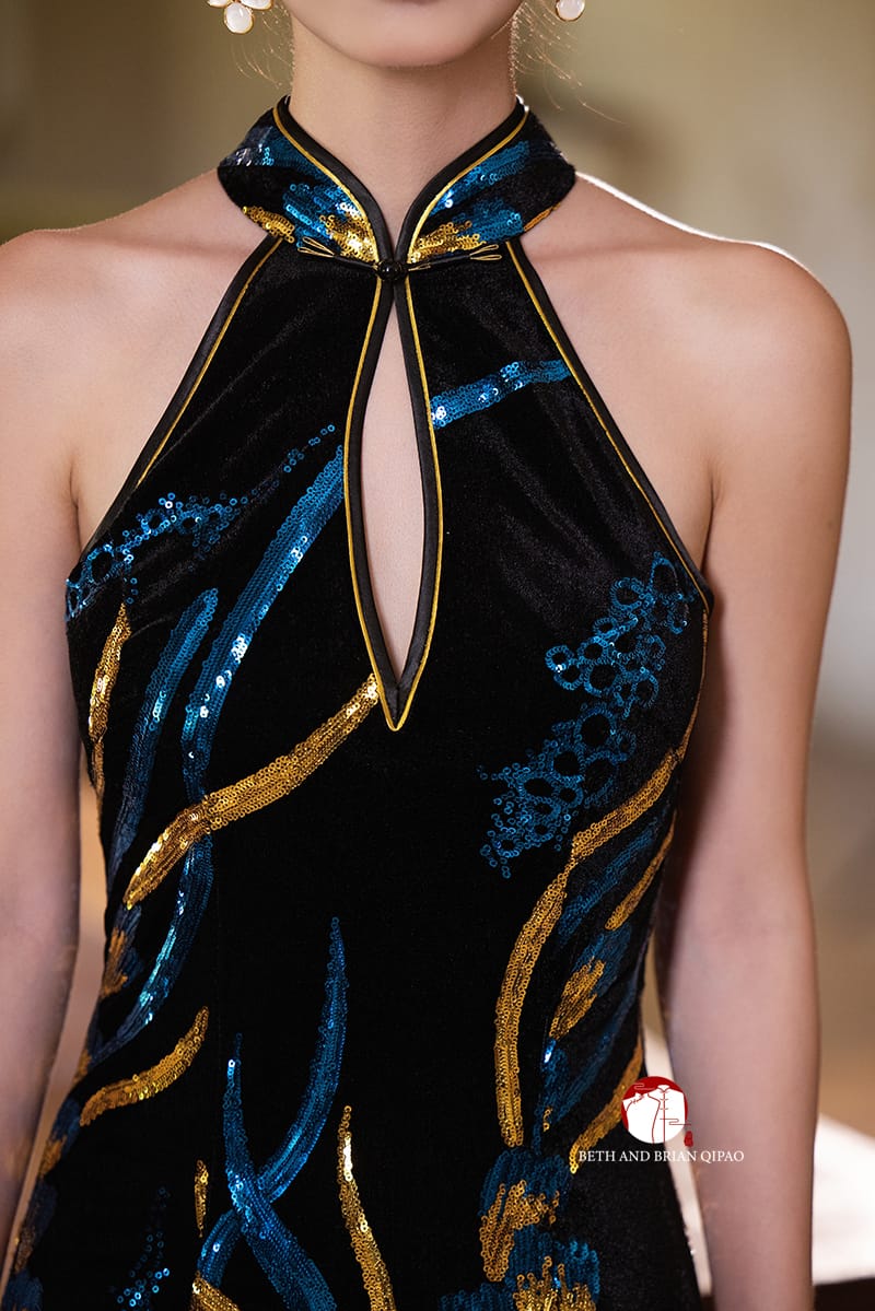 Beth and Brian Qipao-Exclusivedesigner Exclusive designer collection | Black and Blue Sequins Long Qipao