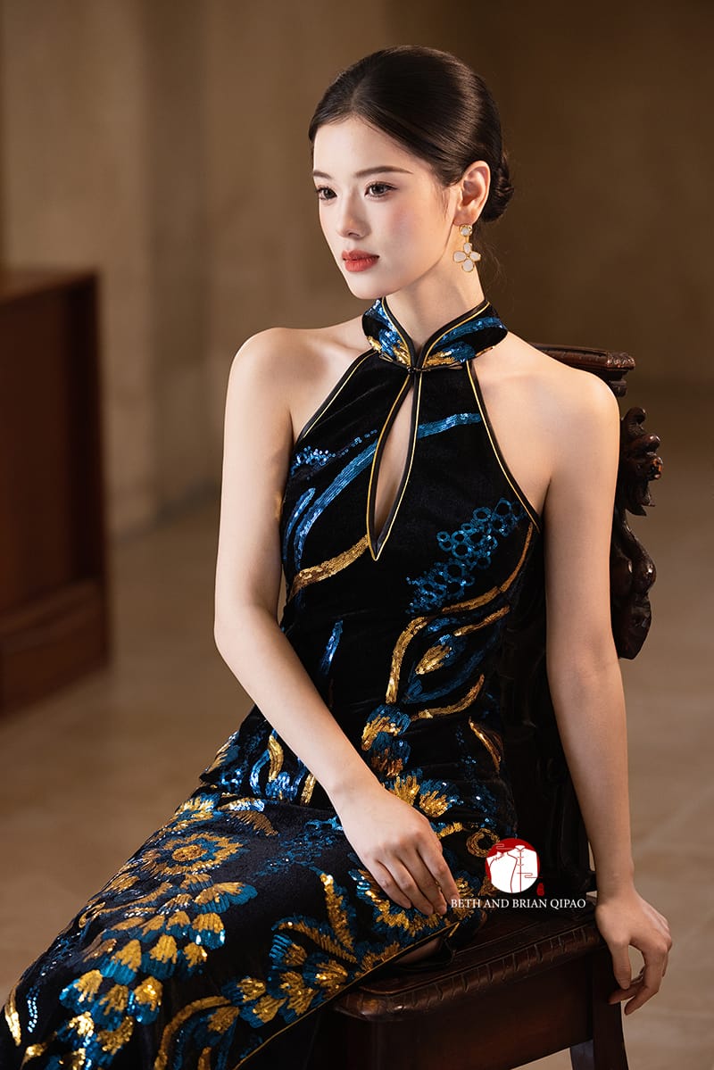 Beth and Brian Qipao-Exclusivedesigner Exclusive designer collection | Black and Blue Sequins Long Qipao