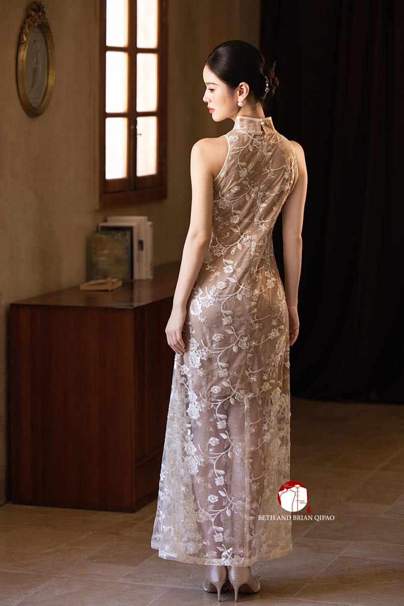 Beth and Brian Qipao-Exclusivedesigner Exclusive designer collection | Sheer Bottom Maxi Floral Sequins Qipao