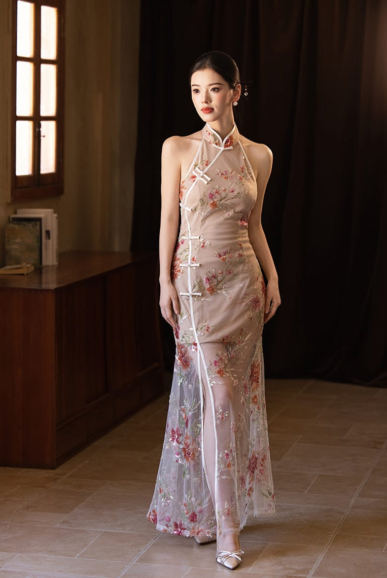 Beth and Brian Qipao-Exclusivedesigner Exclusive designer collection | Sheer Bottom Maxi Floral Sequins Qipao