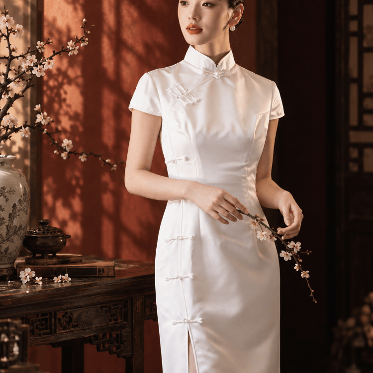 Beth and Brian Qipao-Exclusivedesigner Exclusive Designer Collection | Minimalism White long Cheongsam Gown