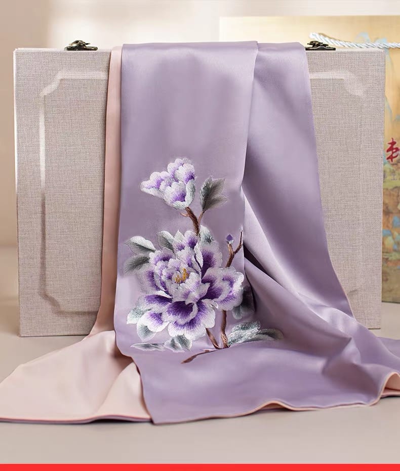 Beth and Brian Qipao-TX Chloe Peony Embroidery 16 Momme Mulberry Silk Scarf & Brooch Gift Set