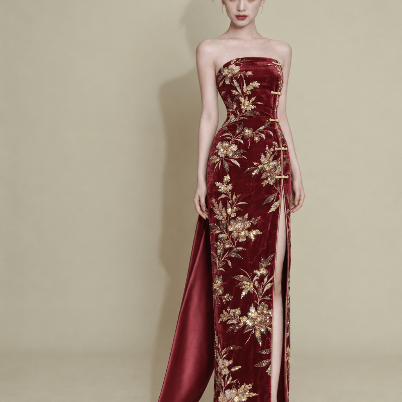 Beth and Brian Qipao - Exclusive Exclusive Designer Collection, Tube Top Long Qipao