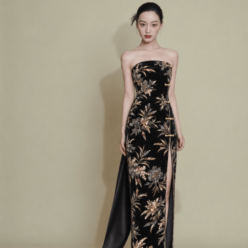 Beth and Brian Qipao - Exclusive Exclusive Designer Collection, Tube Top Long Qipao