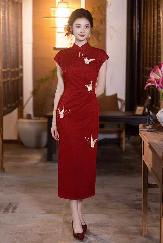 Beth and Brian Qipao-LSB Stella Vintage Red Knitting‑Jacquard Long Cheongsam