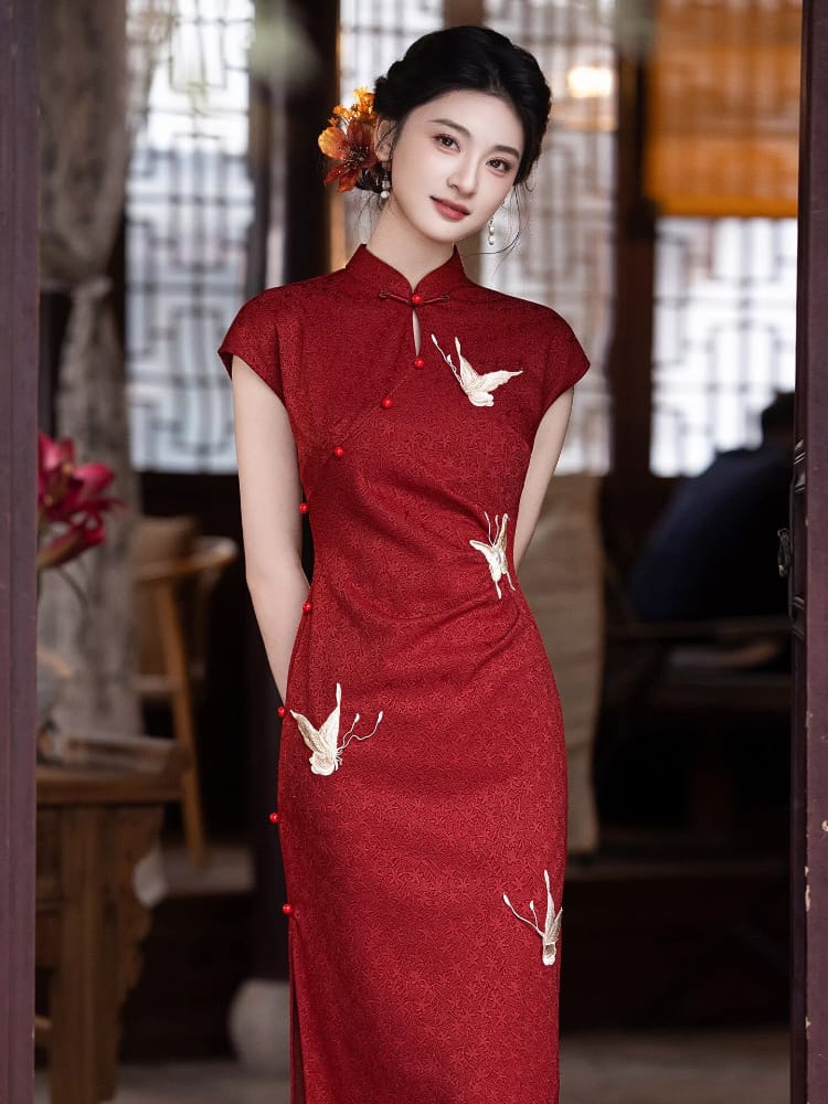Beth and Brian Qipao-LSB Stella Vintage Red Knitting‑Jacquard Long Cheongsam